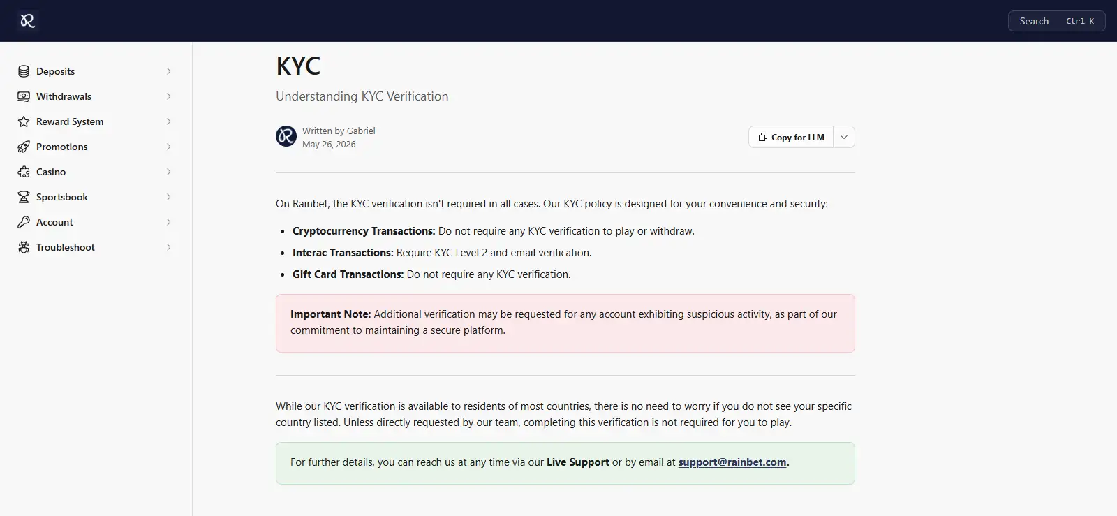 Rainbet KYC information on categories of identity checks