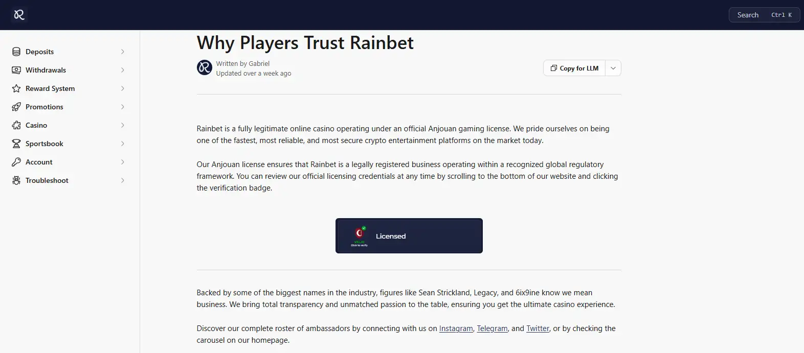 Rainbet terms and Anjouan licensing statement