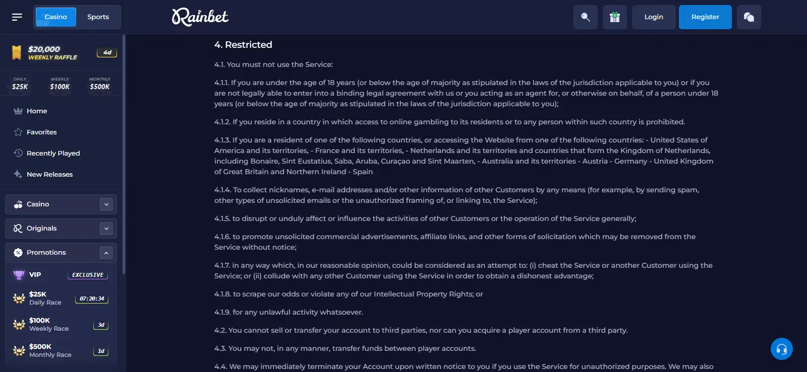 Rainbet restricted territory wording covering the United Kingdom