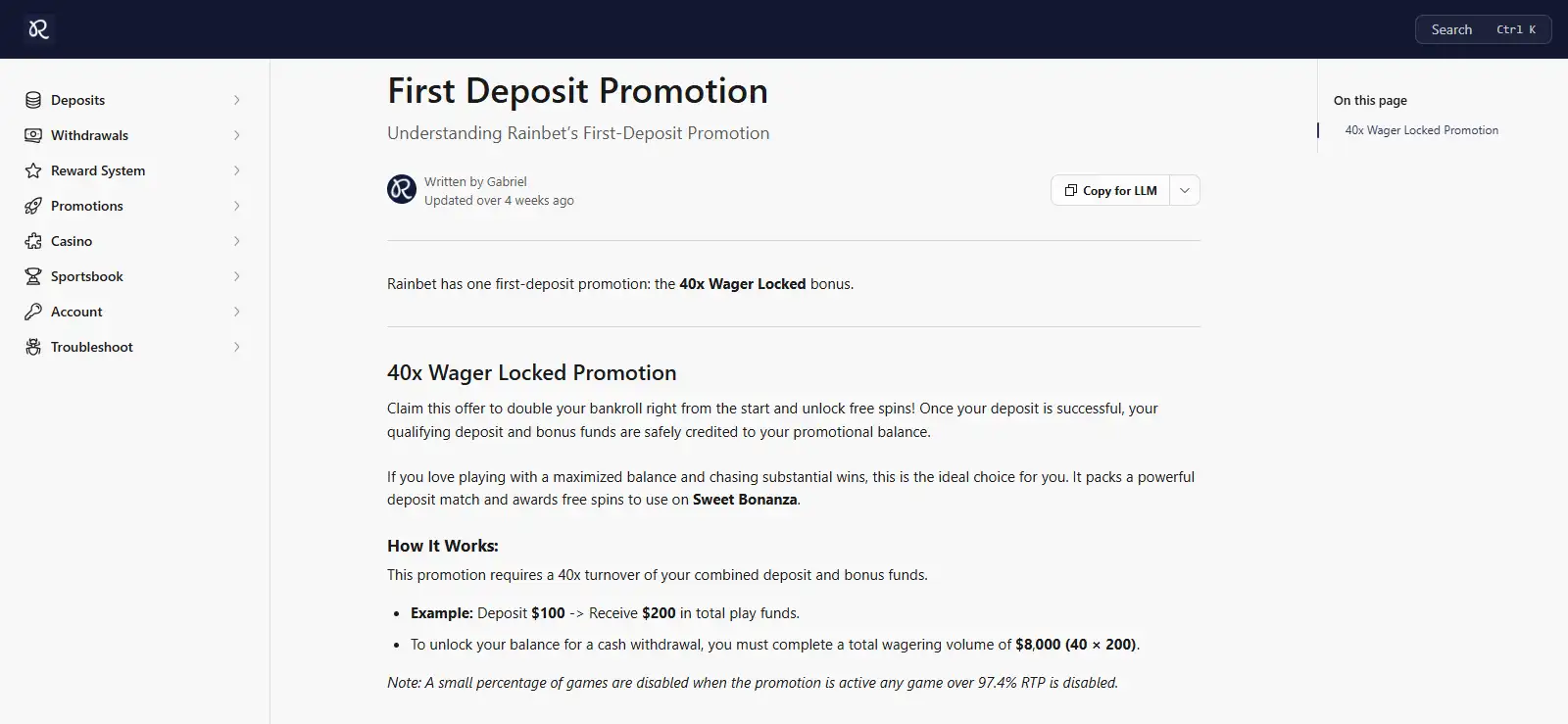 Rainbet first deposit promotion and turnover conditions