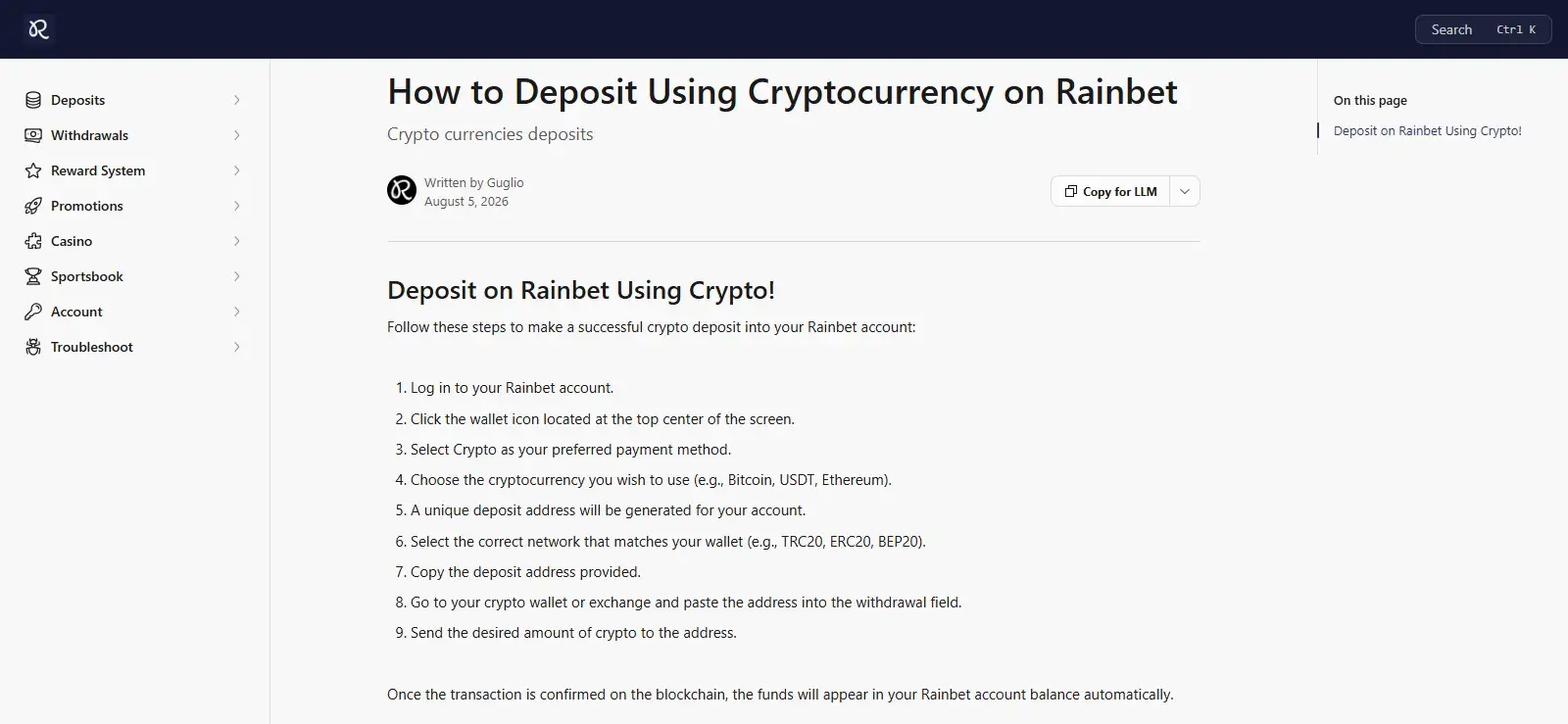 Rainbet help information about cryptocurrency payment methods