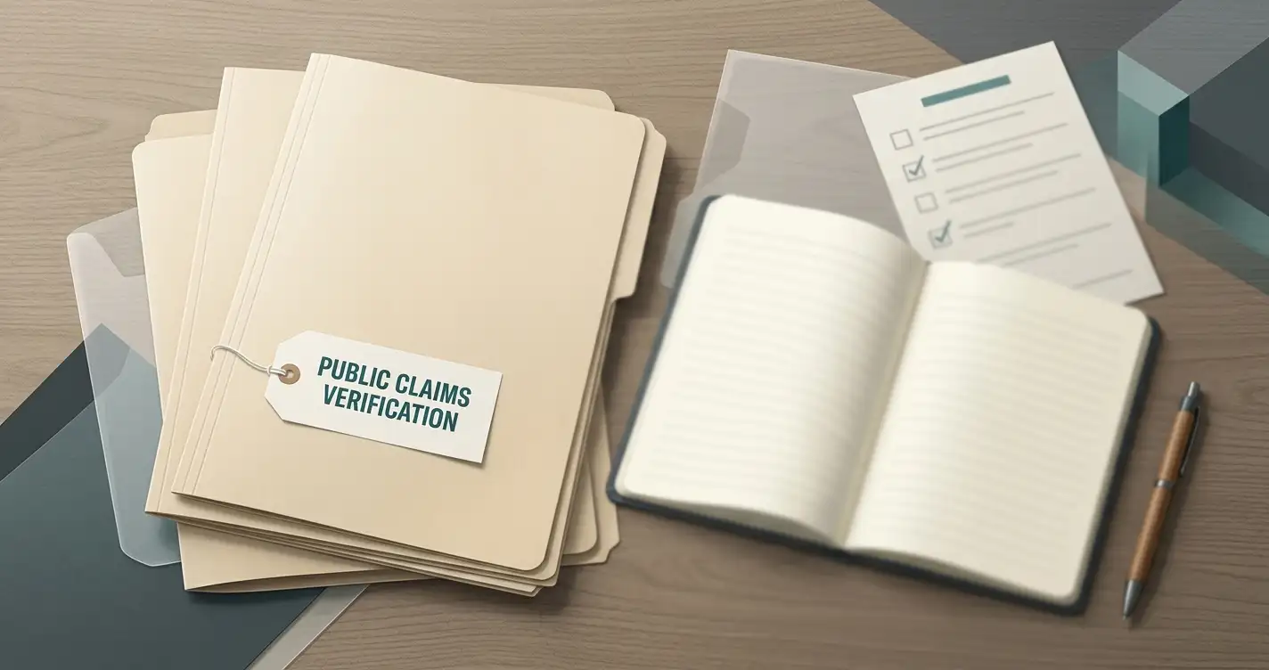 Neutral editorial illustration showing unbranded evidence folders, an empty checklist and abstract document shapes used to assess complaints without depicting a real customer or fabricated review
