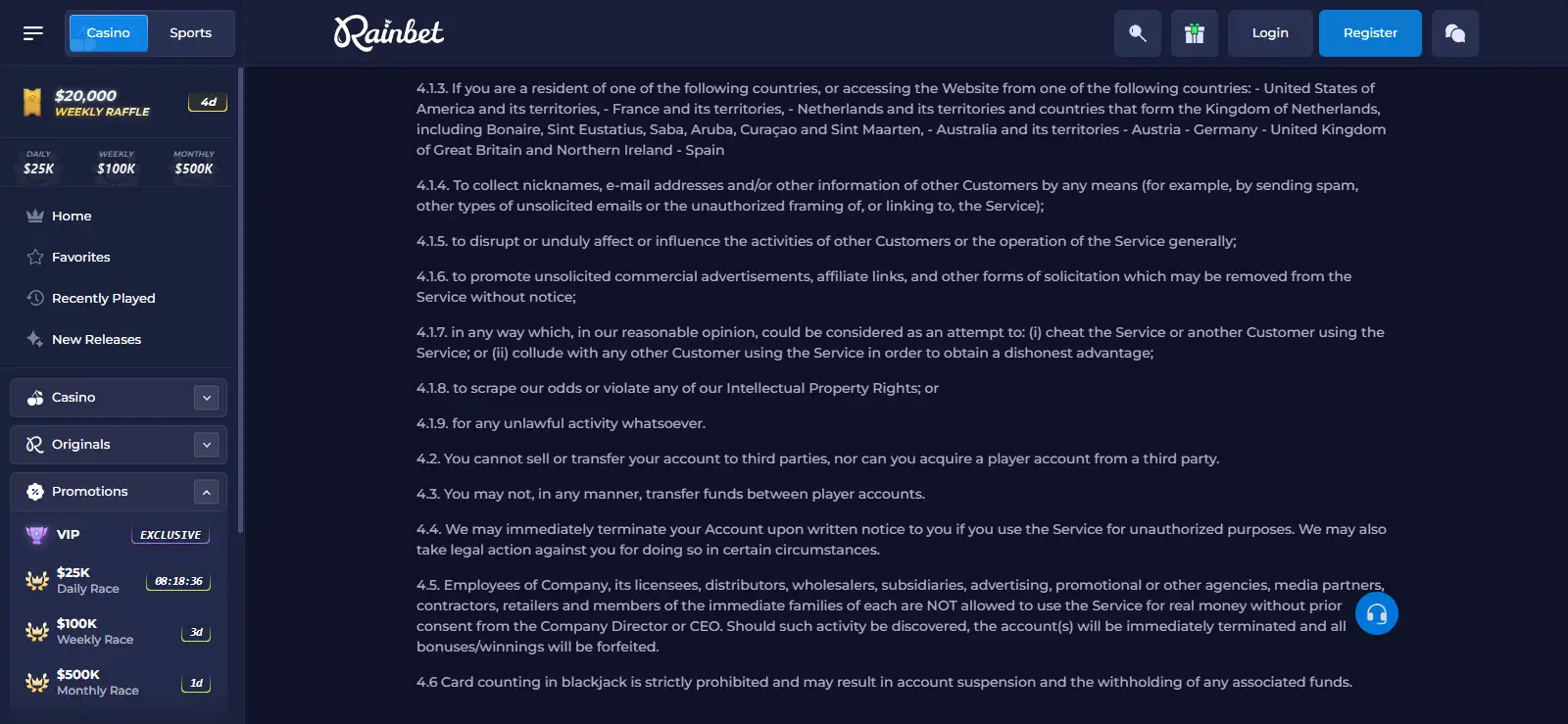 Rainbet terms showing the countries named in section 4.1.3