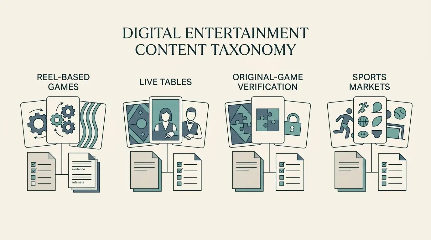 Illustration of slots, live-dealer tables, Originals and sportsbook categories
